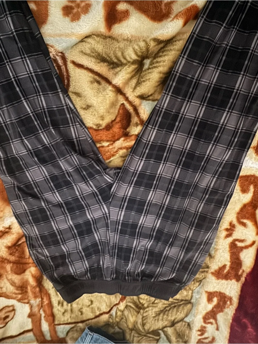 Plaid Mens Lounge Pants - Black & Gray with Red Accent